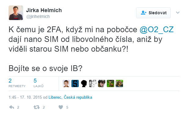 Tweet od @jirihelmich o výměně SIM karty, aniž by na pobočce O2 chtěli viděl starou SIM nebo občanku