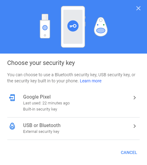 Choose your security key: Bluetooth, USB, built into your phone