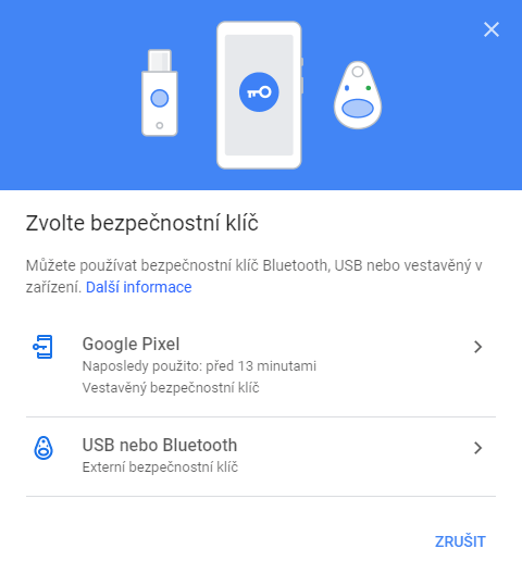 Zvolte bezpečnostní klíč: Bluetooth, USB, vestavěný v zařízení