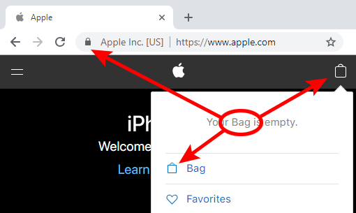 The similarity between a bag and a padlock icon is clearly visible at www.apple.com