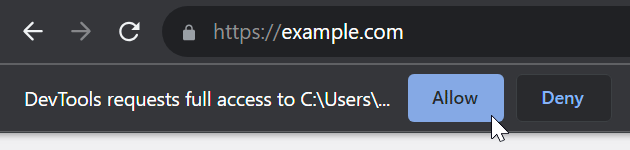 DevTools requests full access to the selected directory