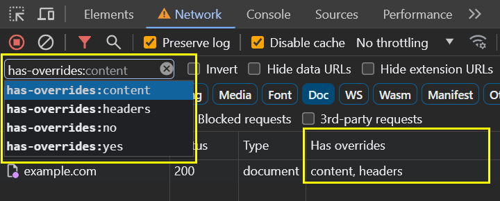 Filtr has-overrides a sloupeček Has overrides