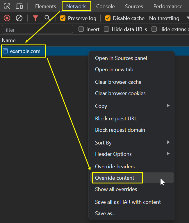 Content overriding in DevTools in the Network tab