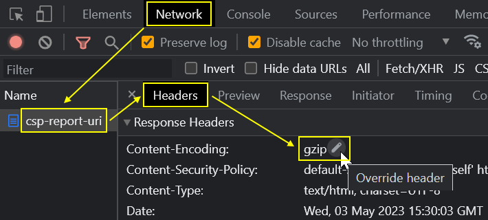 Response headers in DevTools Network tab