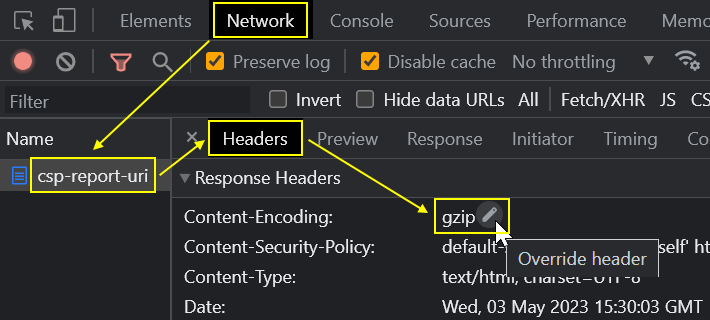 Hlavičky odpovědi v záložce Network v DevTools