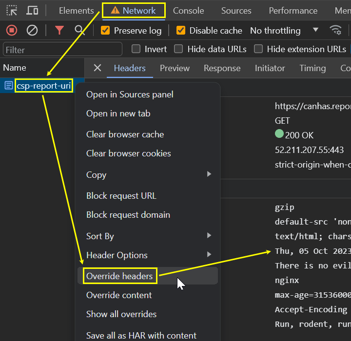 Kontextové menu a hlavičky odpovědi v záložce Network v DevTools v Chrome 117 a novějším