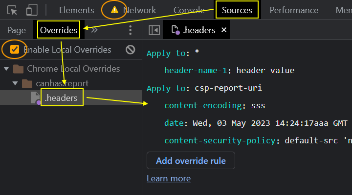 Sources, Overrides tab in DevTools