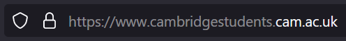 URL bar with https://www.cambridgestudents.cam.ac.uk in Firefox 119, eTLD+1 highlighted