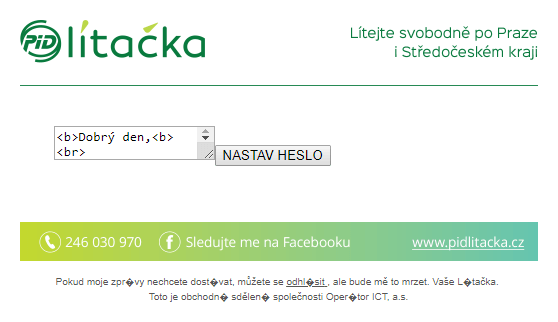 Zpráva s tlačítkem NASTAV HESLO