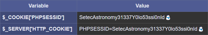 phpinfo() with masked values in v $_COOKIE[‘PHPSESSID’] a $_SERVER[‘HTTP_COOKIE’]