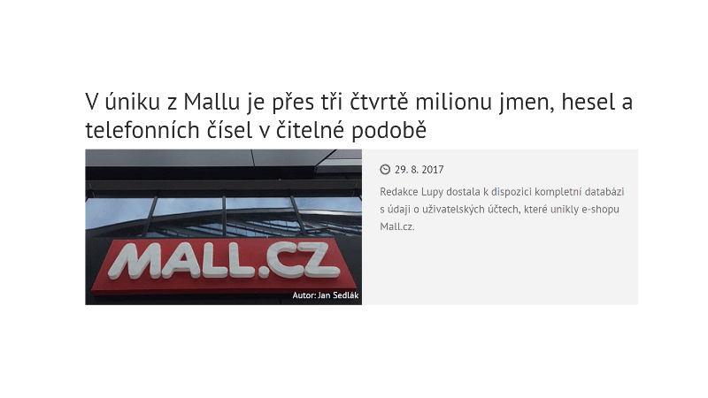 Lupa.cz: "V úniku z Mallu je přes tři čtvrtě milionu jmen, hesel a telefonních čísel v čitelné podobě"