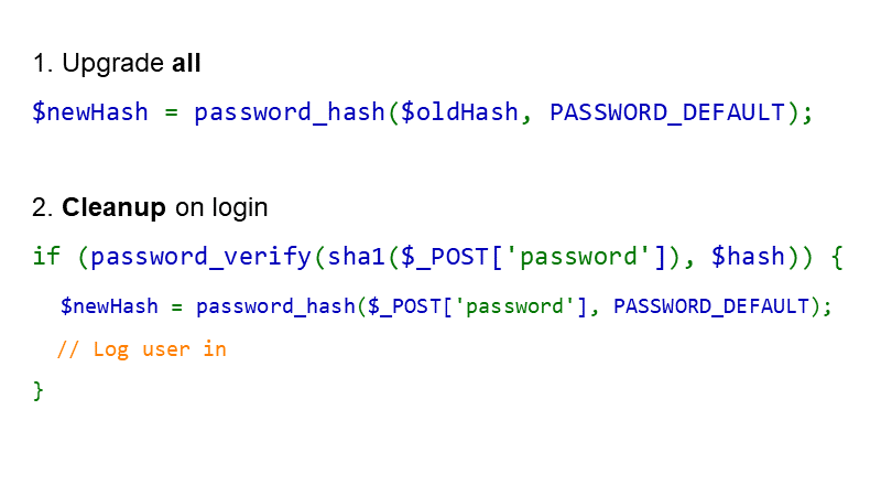 Upgrade all hashes, then cleanup on login