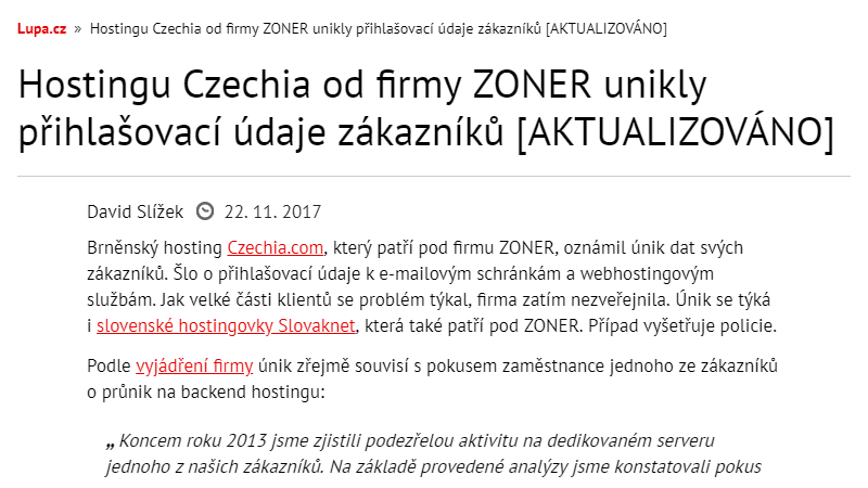 Lupa.cz: Hostingu Czechia od firmy ZONER unikly přihlašovací údaje zákazníků [AKTUALIZOVÁNO]