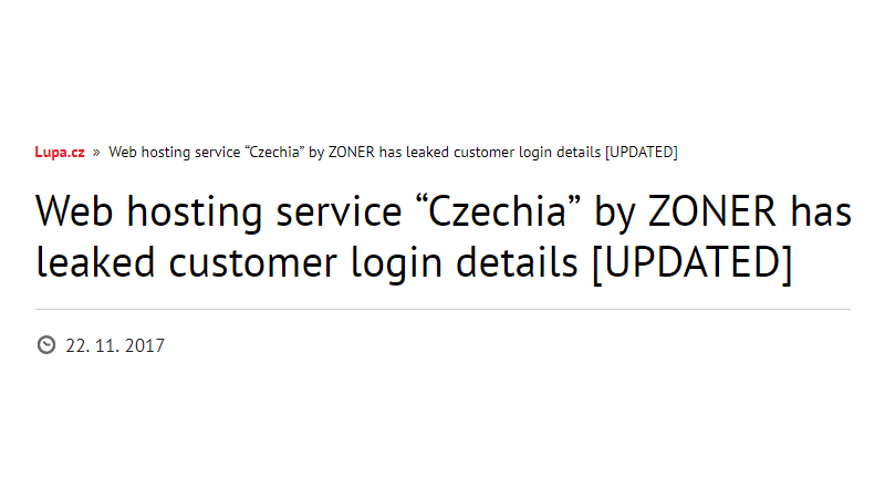 Lupa.cz: Web hosting service "Czechia" by ZONER has leaked customer login details [UPDATED]