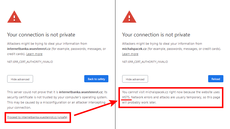"You cannot visit michalspacek.cz right now because the website uses HSTS", na rozdíl od bankovnictví Wüstenrot