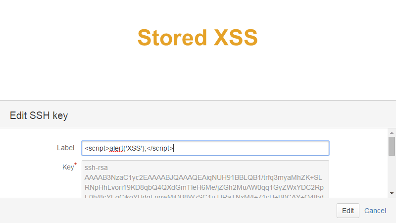 Edit SSH key, label: <script/>alert("XSS');