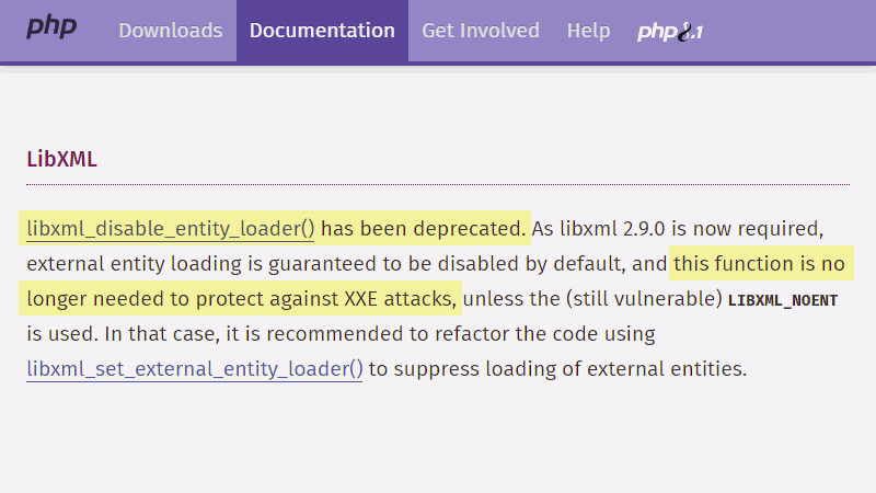 "libxml_disable_entity_loader() has been deprecated" v PHP 8.0