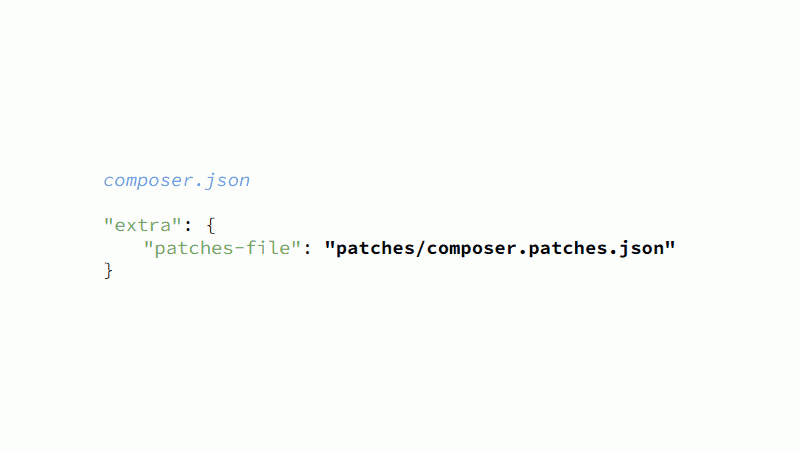 composer.json: "extra": { "patches-file": "patches/composer.patches.json" }