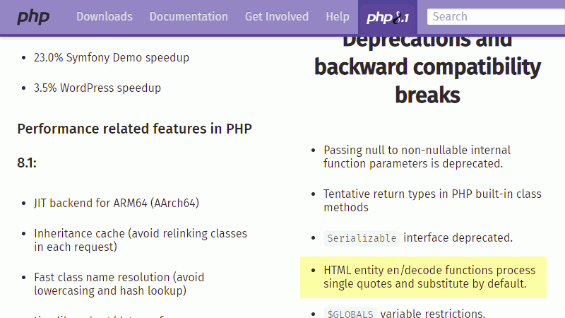 "Deprecations and backwards compatibility breaks" v PHP 8.1