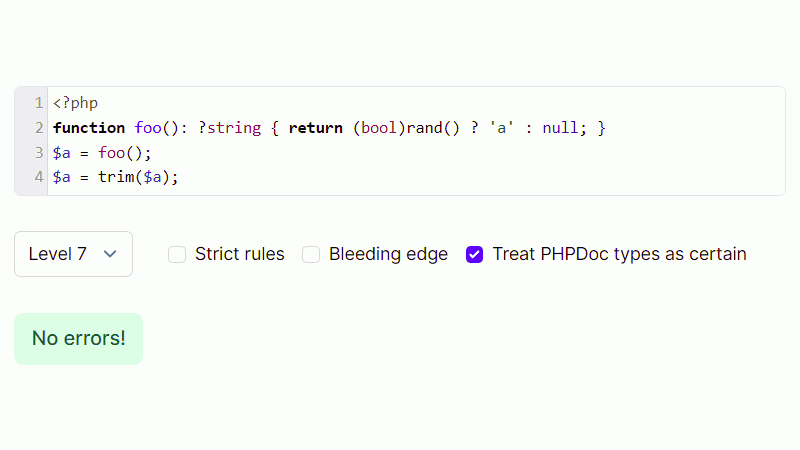 trim(null) a PHPStan level 7: No errors!