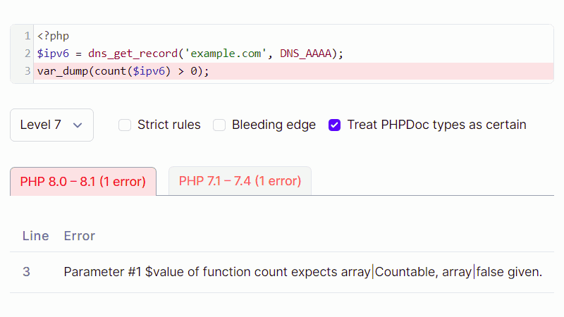 PHPStan level 7: Parameter #1 $value of function count expects array|Countable, array|false given.