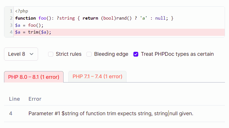 trim(null) a PHPStan level 8: Parameter #1 $string of function trim expects string, string|null given