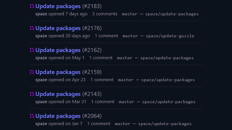 Update packages: 7 days ago, 20 days ago, May 1, Apr 23, Mar 21, Jan 7