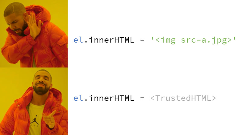 🙅‍♂️ el.innerHTML = '<img src=a.jpg>' 👉 el.innerHTML = <TrustedHTML>