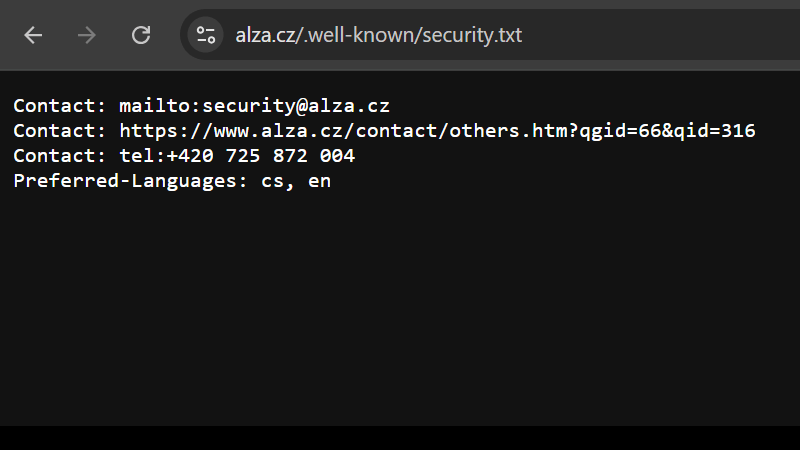 Hlášení chyb na adresu uvedenou v security.txt
