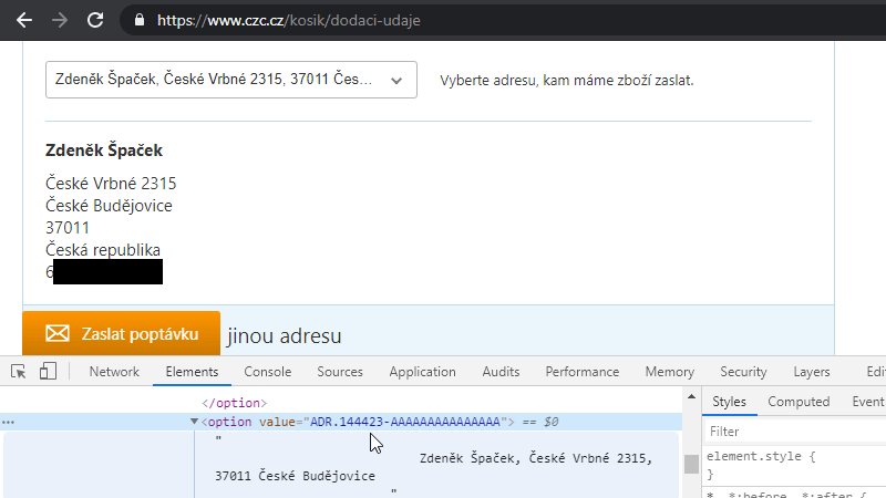 Insecure Direct Object Reference na doručovací adresu