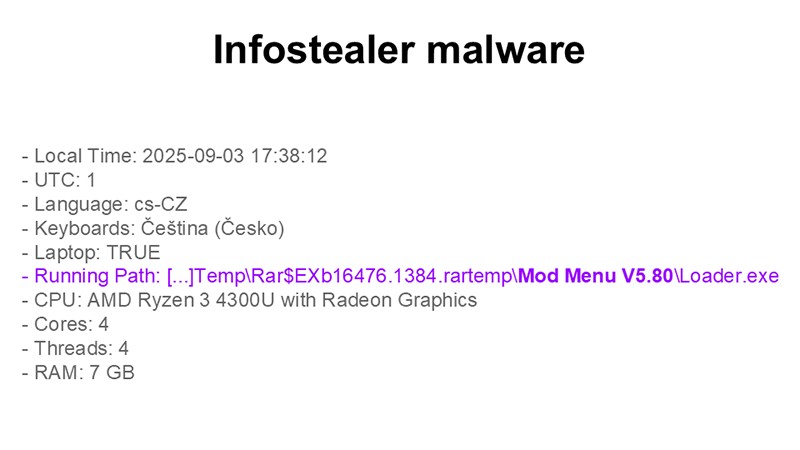 Infostealer malware Loader.exe v adresáři Mod Menu V5.80