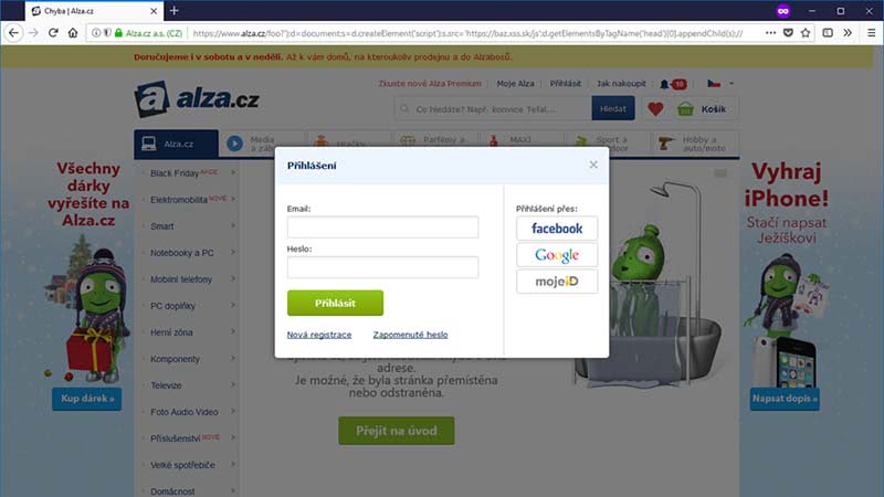XSS v 404 na Alze: login formulář s vlastní obsluhou
