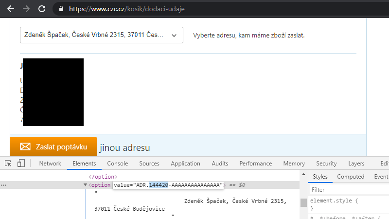 Cizí adresa kvůli Insecure Direct Object Reference na doručovací adresu