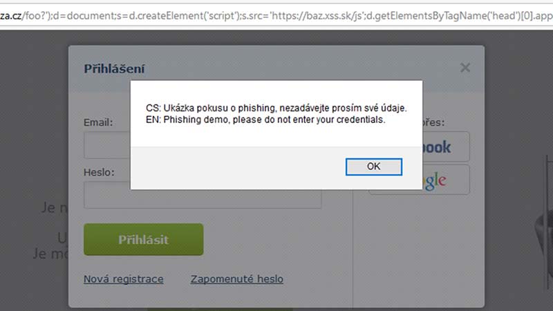 XSS v 404 na Alze: výsledek odeslání login formuláře