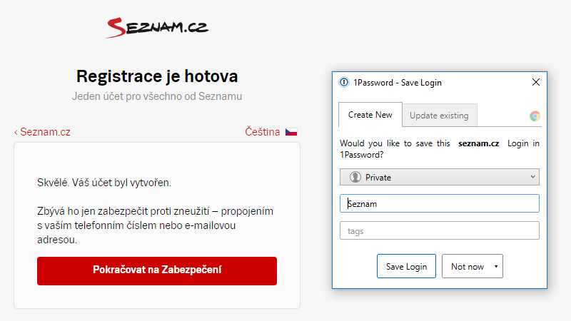 Účet vytvořen "Would you like to save this login in 1Password?"