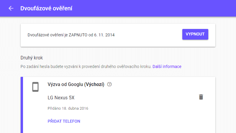 Dvoufázové ověření na Google