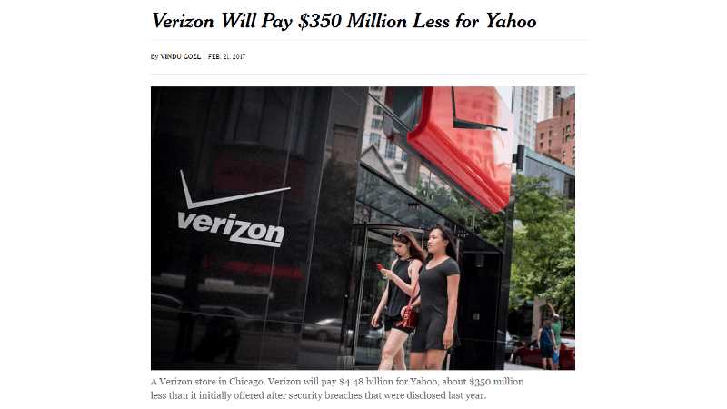 Verizon Will Pay $350 Million Less for Yahoo