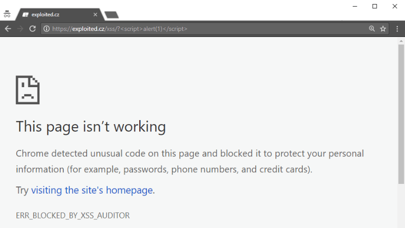 This page isn't working, ERR_BLOCKED_BY_XSS_AUDITOR